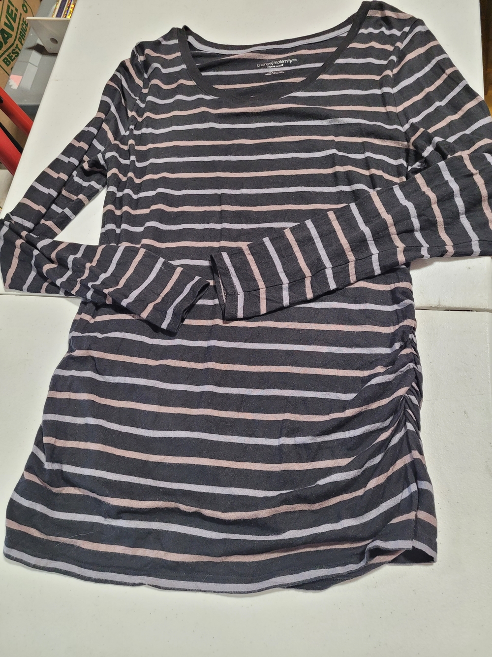 Liz Lange Black and Light Pink Striped Long Sleeve Maternity Tee